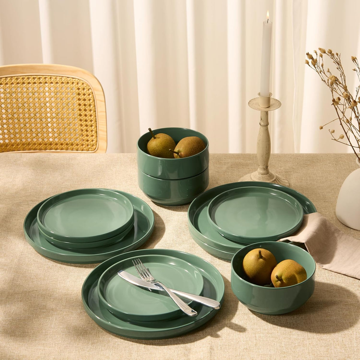Vase and Vessel Ceramic Dinnerware Set, 12-Piece Service for 4, Round, Microwave and Dishwasher Safe, Cambridge Classics (Dusty Jade)