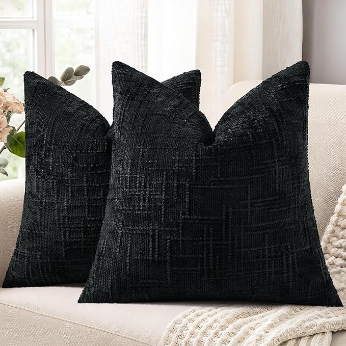 decorUhome Black Chenille Throw Pillow Covers 16x16 Set of 2 Textured Soft Cozy by decorUhome