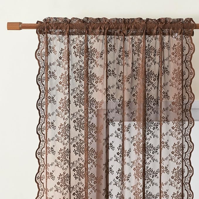 YJ YANJUN Vintage Lace Curtains 54 Inch Length-Brown Kitchen Curtains - Image 2