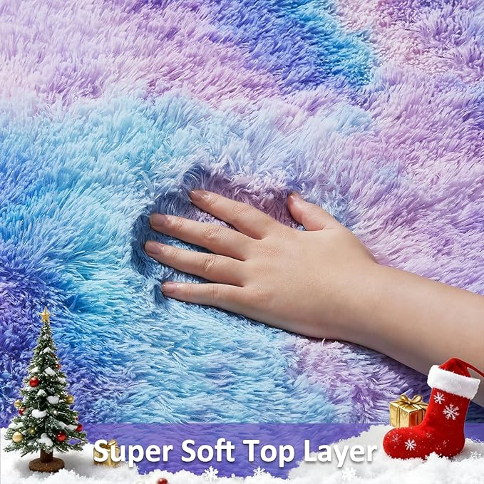 Ophanie Rainbow Purple Rug for Bedroom Girls, Unicorn Colorful Mermaid Fluffy - Image 2