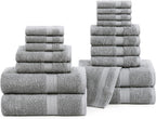 LANE LINEN Towel Set Soft Absorbent Quick Dry 100% Cotton 18 Piece - Grey