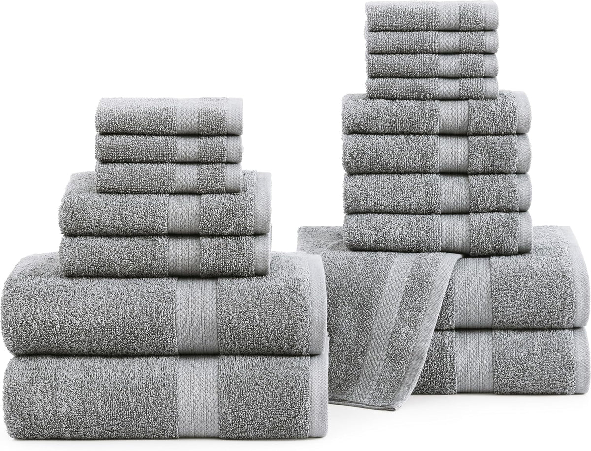 LANE LINEN Towel Set Soft Absorbent Quick Dry 100% Cotton 18 Piece - Grey