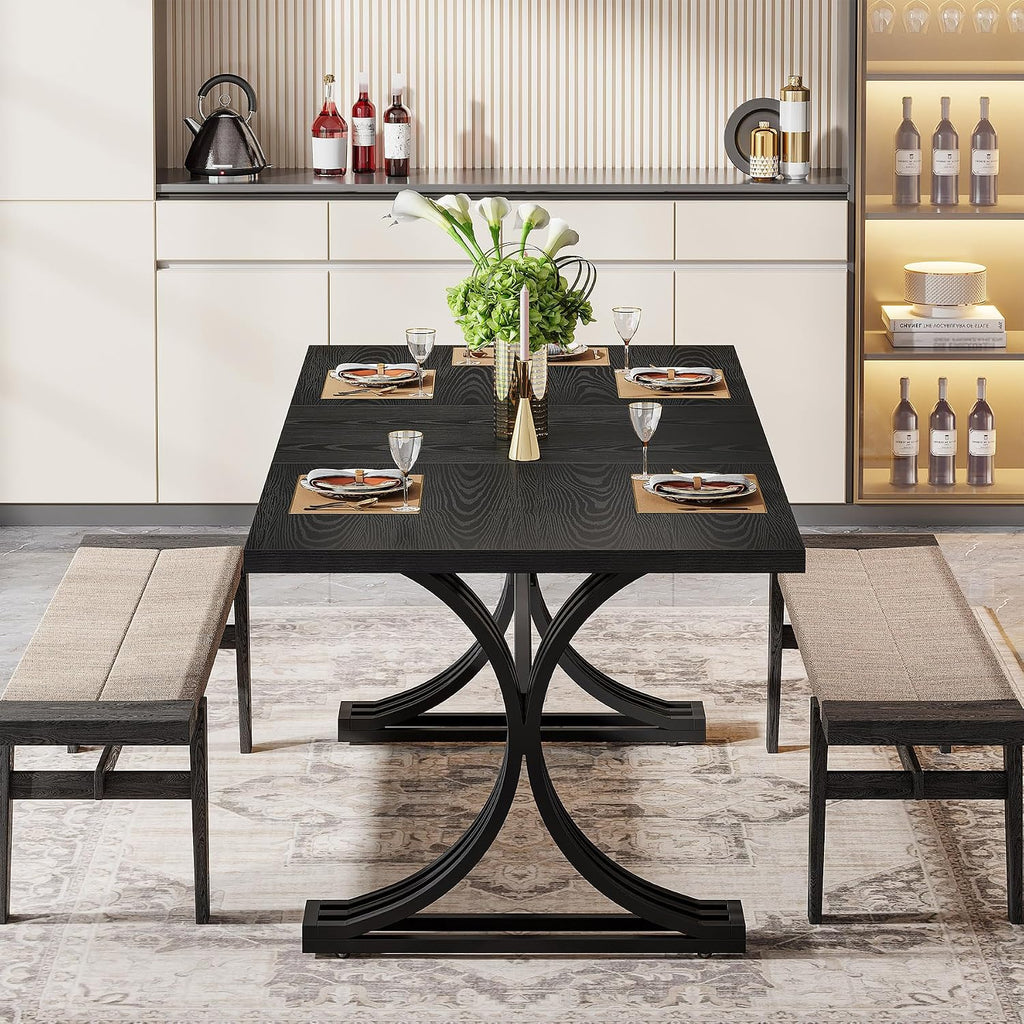 Tribesigns 63-Inch Rectangular Dining Table for 4 to 6, Modern Kitchen Tables with Stylish Metal Trestle Legs, Large Dinner Table for Dining Room, Only Table (Black)