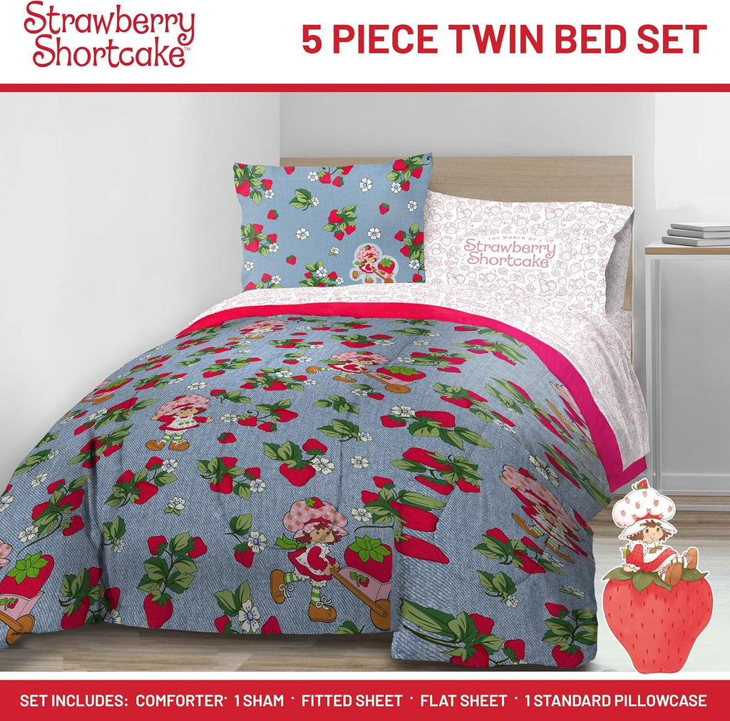 Strawberry Shortcake Twin Comforter Set 5 Piece Kids Bedding, Blue