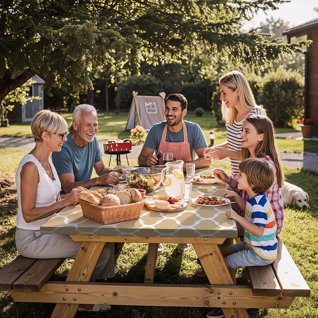 Fitted Waterproof Picnic Table Cover with Bench Covers Elastic Edges Camping Tablecloth for 6 Foot Rectangle Tables Camp Cooking Motorhome Party Equipment Car Rv Travel Trailer Needs Gifts