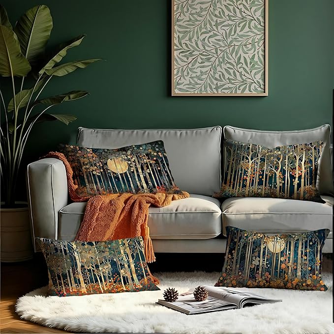 Rustic William Morris Inspired Forest Moon Decor Pillow Covers 12x20 Set of 4 - Image 3