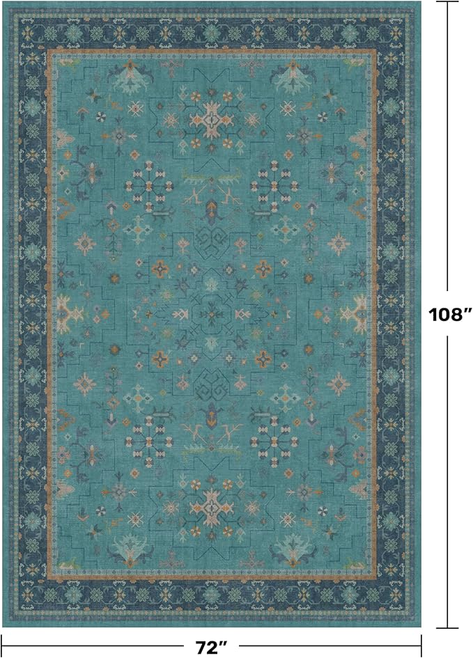Boho Teal 6x9 Area Rugs for Living Room, Geometric Floral Design Rug for Bedroom - Image 2