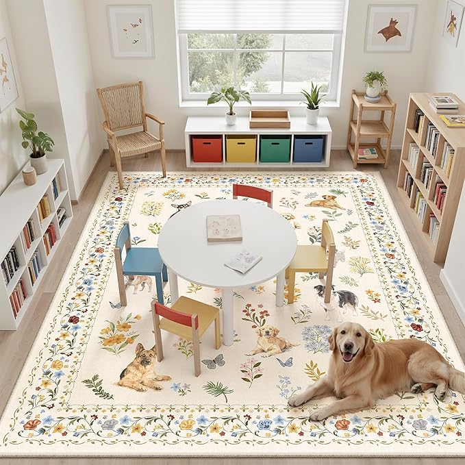 Soalmost Dog 8x10 Area Rugs for Living Room, Machine Washable Animal Floral - Image 2