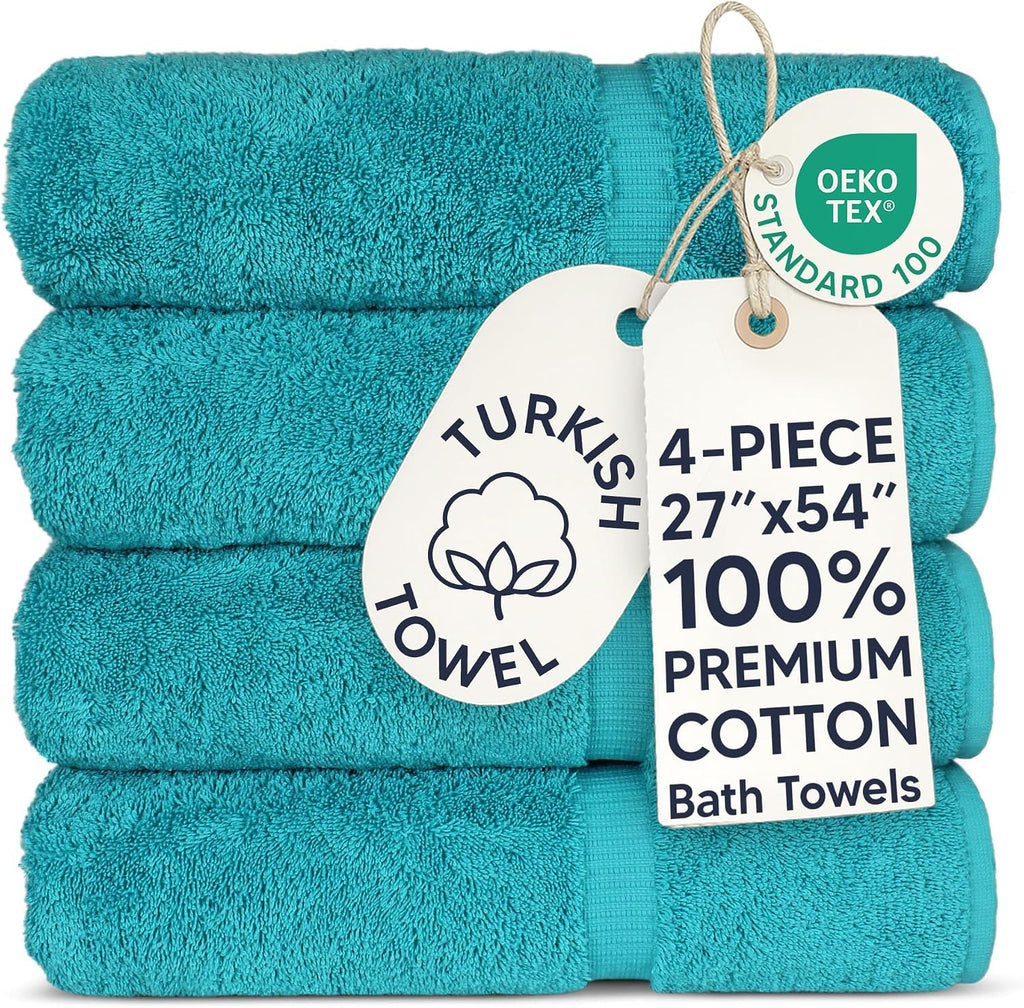 Chakir Turkish Linens 100% Cotton 4-Pack Bath Towels 27x54, Aqua