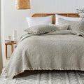 HORIMOTE HOME Beige Ruffled Quilt Queen Size, Stone-Washed Microfiber Lightweight Crinkled Farmhouse Rustic Shabby Chic Bedding Set, 3 Pieces Reversible Bedspread with Pillow Shams for All Season