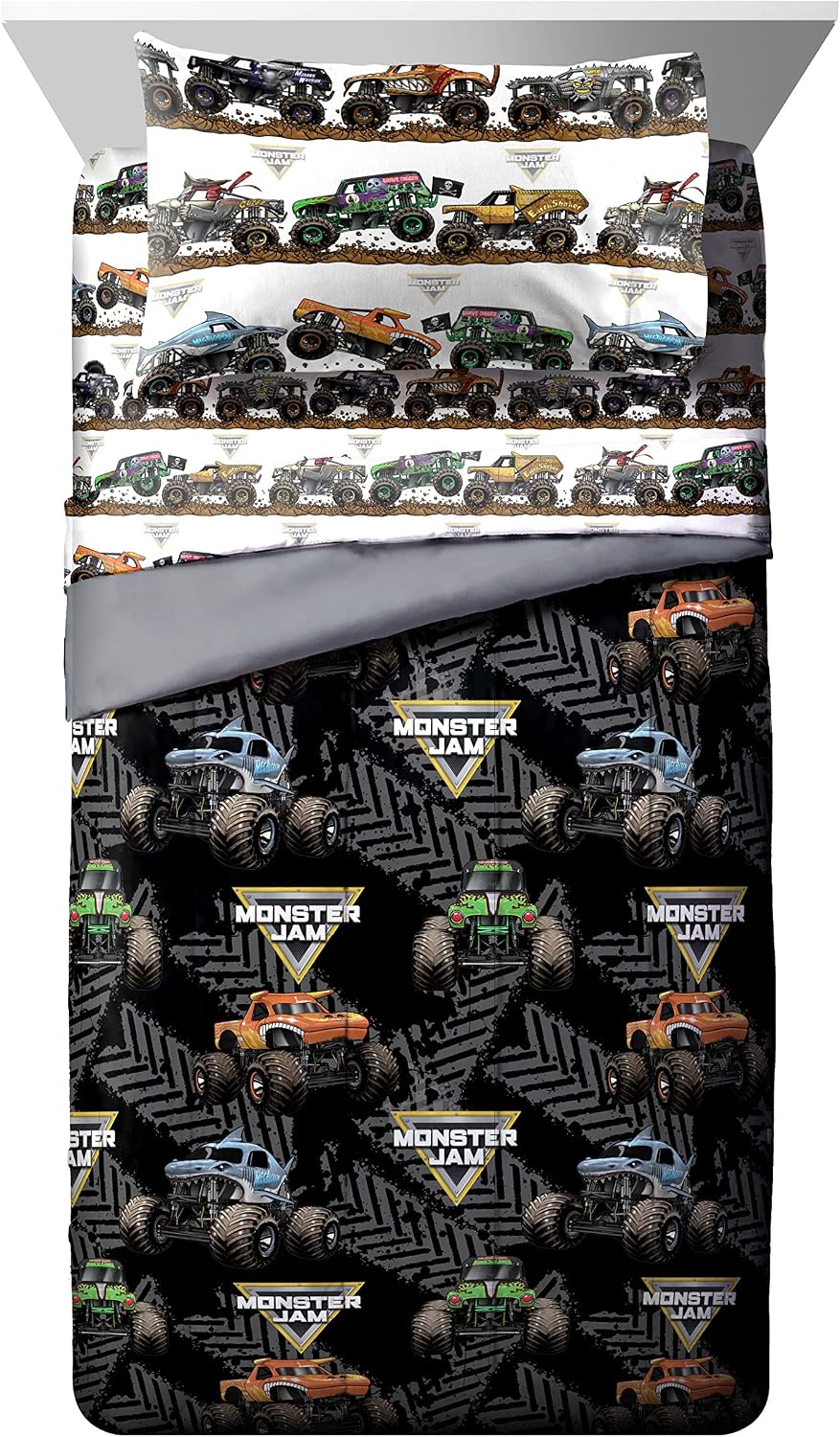 Monster Jam Full Size Comforter Set 5 Piece Kids Bedding for Boys, Black