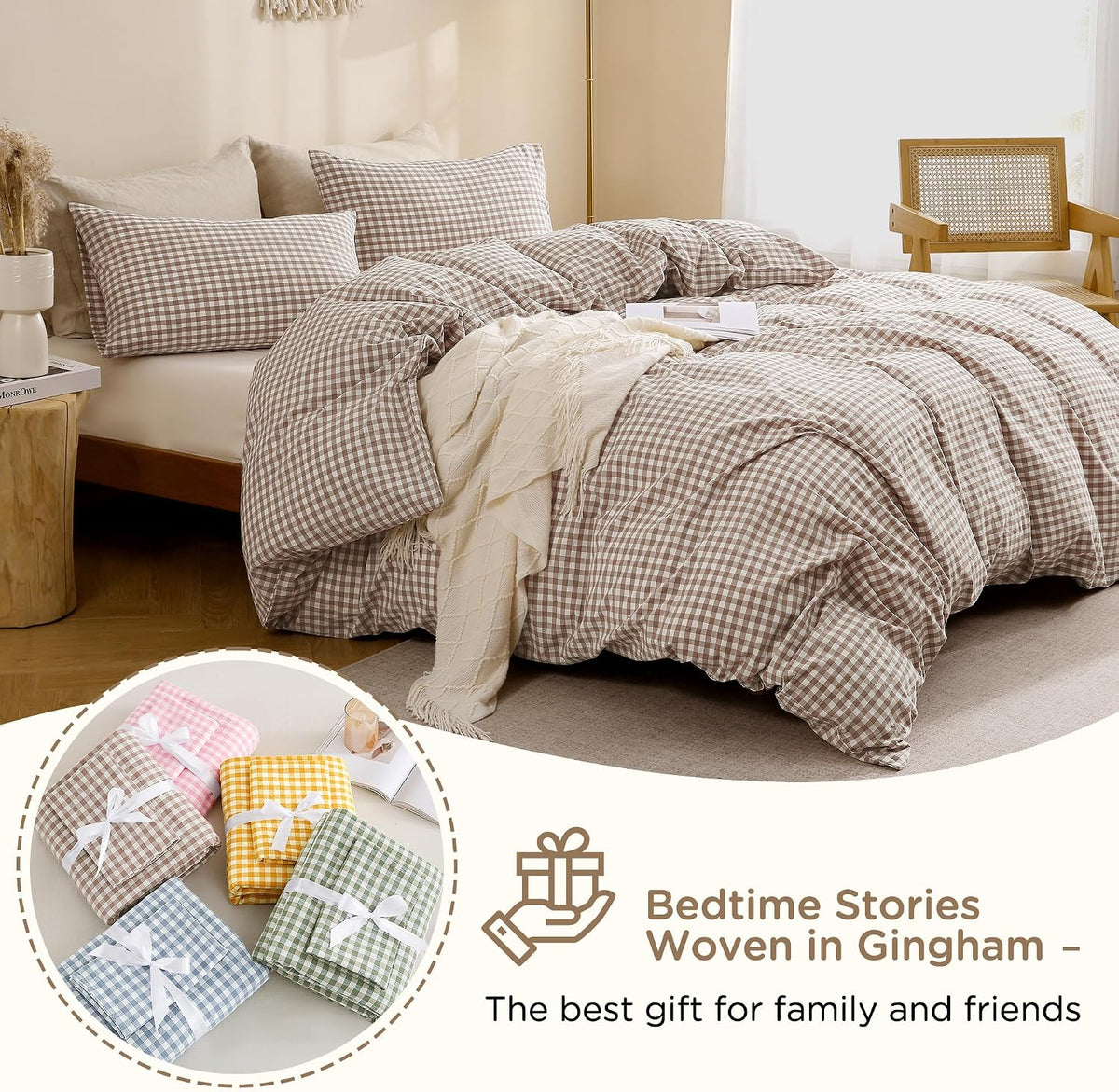 TOCOMOA Tan Gingham Duvet Cover Bedding Set Washed Cotton Like Linen, Queen