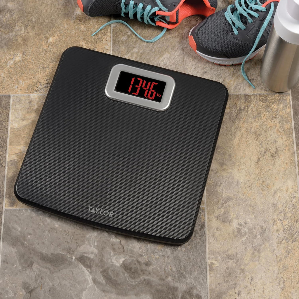 Taylor Digital Bathroom Scale, 440 lb Cap, Red LED, Anti-Slip, Black