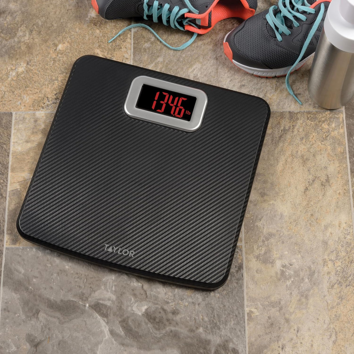Taylor Digital Bathroom Scale, 440 lb Cap, Red LED, Anti-Slip, Black
