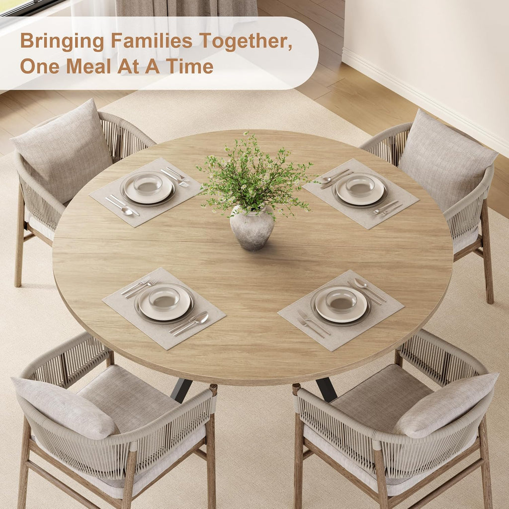 MECHYIN 42'' Round Dining Table for 2–4, Farmhouse Round Kitchen Table with Storage Shelf, Pedestal Dinner Table, Wood Top & Metal Base, Small Space Table for Apartment, Dining Room, Light Oak