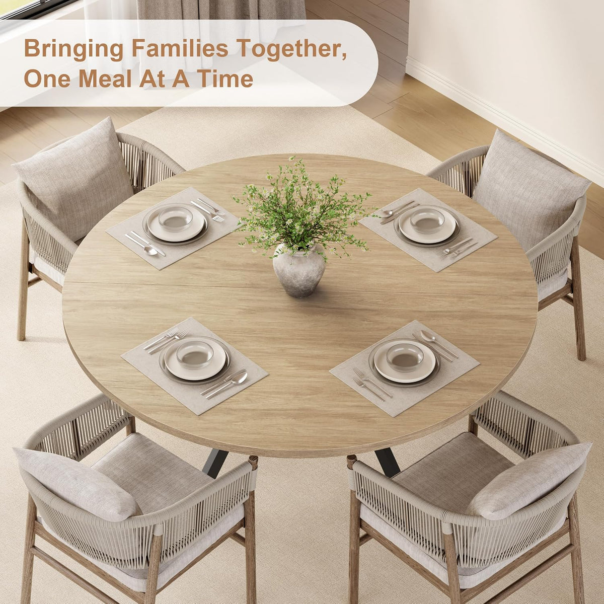 MECHYIN 42'' Round Dining Table for 2–4, Farmhouse Round Kitchen Table with Storage Shelf, Pedestal Dinner Table, Wood Top & Metal Base, Small Space Table for Apartment, Dining Room, Light Oak