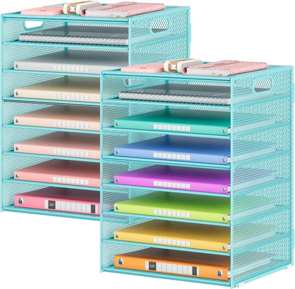 2 Pack 8-Tier Office Desk File Organizer, Letter Tray Paper Organizer with Handle, Including 5 Adjustable Slide Trays for Organizing Desk Workspace Accessories and Supplies (Blue Metal Mesh)