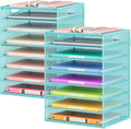 2 Pack 8-Tier Office Desk File Organizer, Letter Tray Paper Organizer with Handle, Including 5 Adjustable Slide Trays for Organizing Desk Workspace Accessories and Supplies (Blue Metal Mesh)