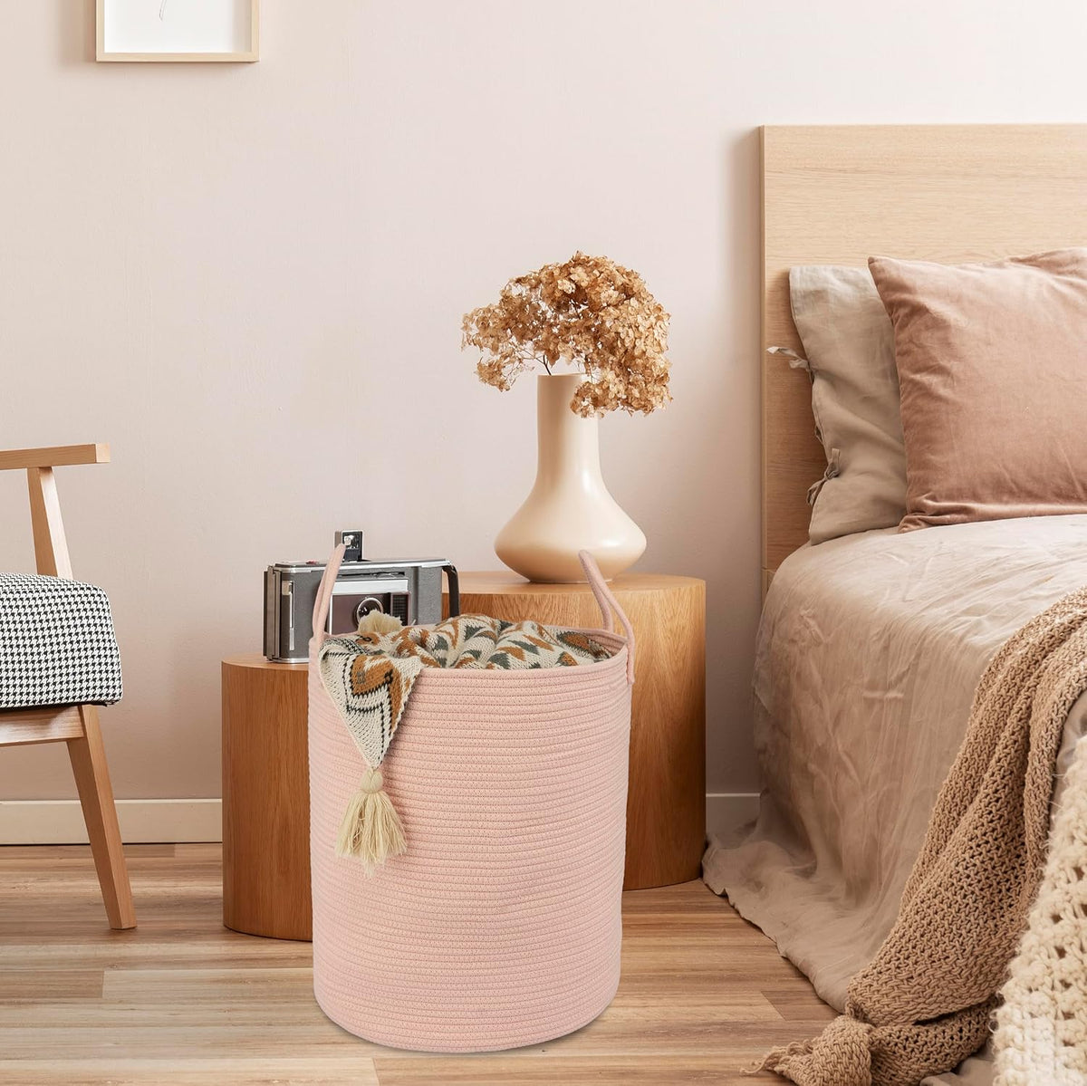 XUANGUO Cotton Rope Laundry Basket Hamper for Clothes, coral pink
