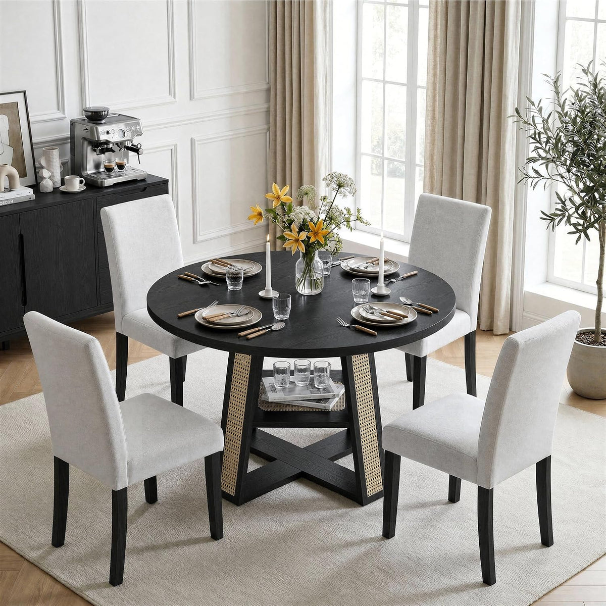 LIKIMIO Dining Table, 43"-59" Extendable Round to Oval with Storage, Black