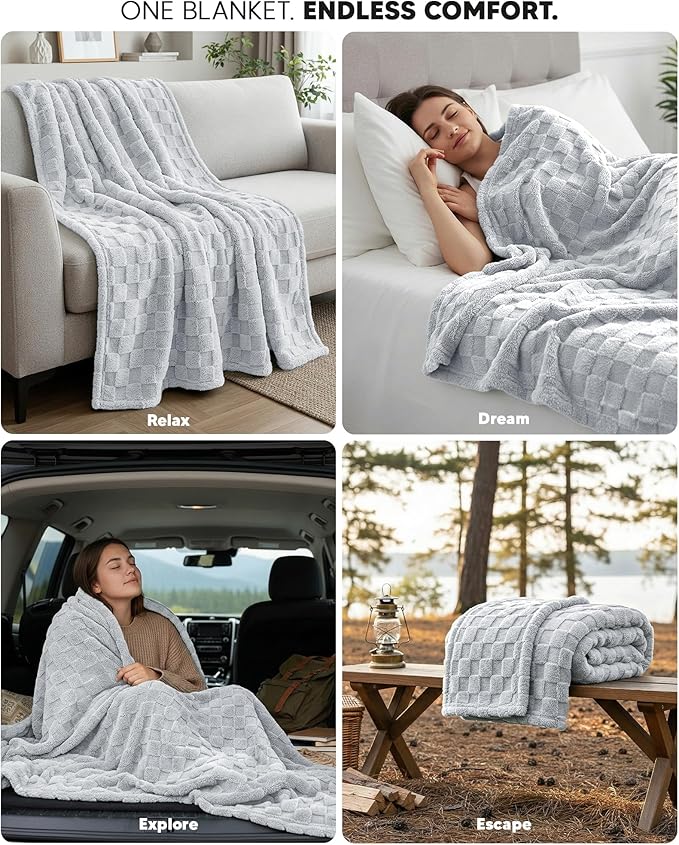Utopia Bedding Cool Grey Checkered Fleece Throw Blanket - Image 4