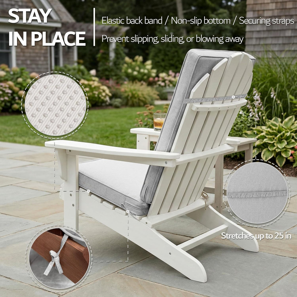Adirondack Chair Cushion - Removable Cover, Water-Repellent & Fade-Resistant Faux Linen, Securing Straps, Non-Slip Bottom, Fit for Most Outdoor Adirondack & Rocking Chairs - Light Grey