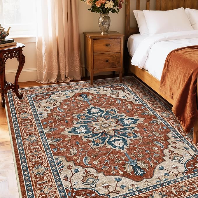 Area Rugs 5'x7' Washable Non-Slip, Floral Vintage Distress Print Pattern - Image 3