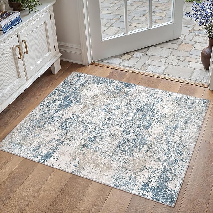 Blue 2x3 Area Rug Washable Abstract Entryway Carpet Modern Neutral Non Slip by PureCozy