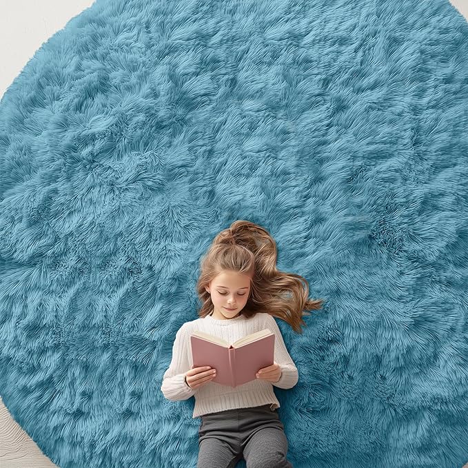 OLANLY Slate Blue Round Rugs for Bedroom by OLANLY