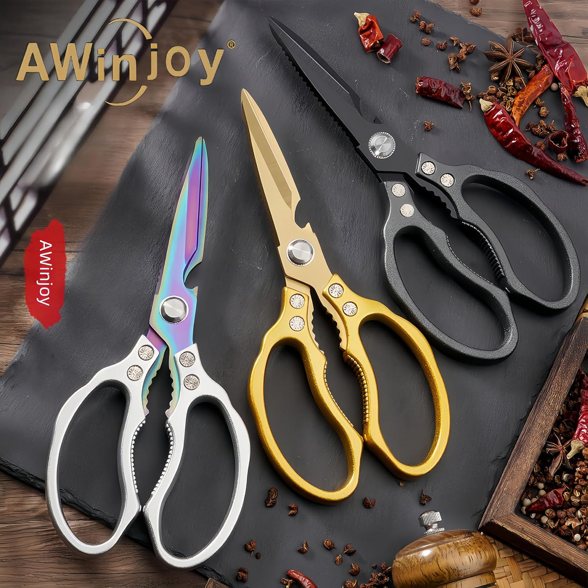 Japanese Gold Kitchen Scissors, Heavy Duty Stainless Steel, Multipurpose Cooking Shears, Dishwasher Safe