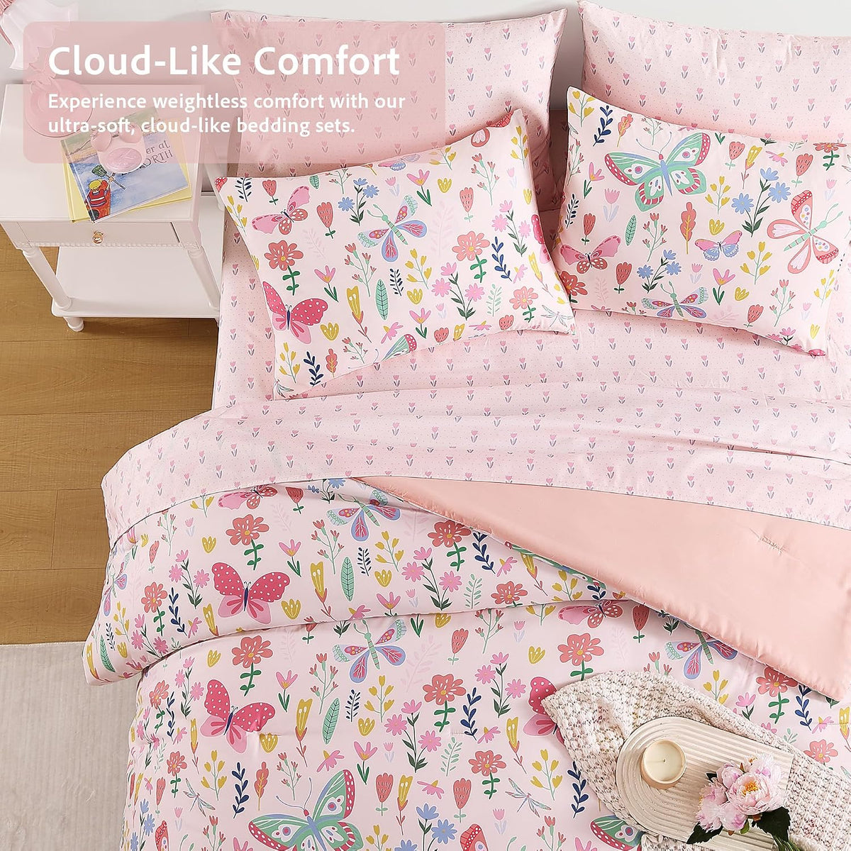 Twin Comforter Set for Girls - 5 Pieces Floral Pink Girls Twin Bedding Set