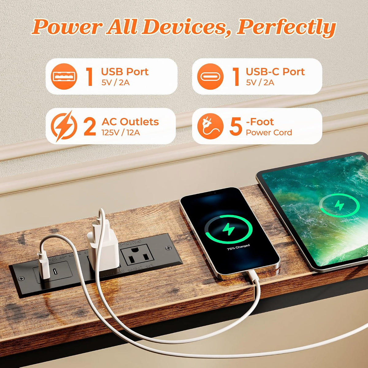 SUPERJARE 102 Inch Sofa Table with 2 Power Outlets and USB-C Ports