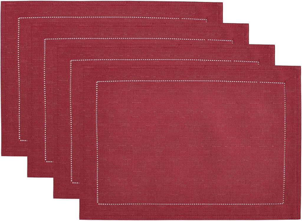 Elrene Home Fashions Alison Eyelet Border Design Cloth Wrinkle Resistant Fabric Placemat, Set of 4, 13"x19", Cranberry