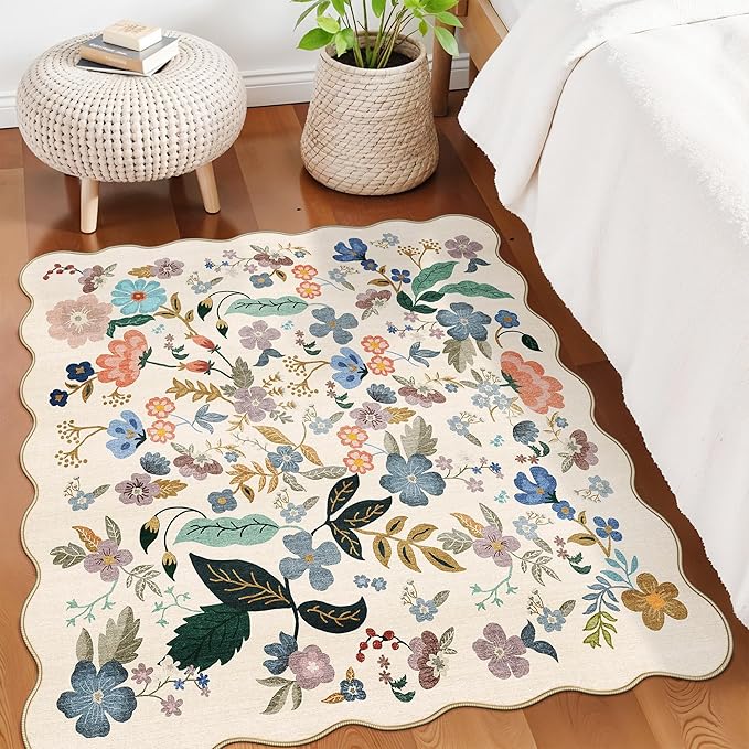 Washable 4x4 Square Area Rug: Floral Scalloped Soft Rugs - Image 2