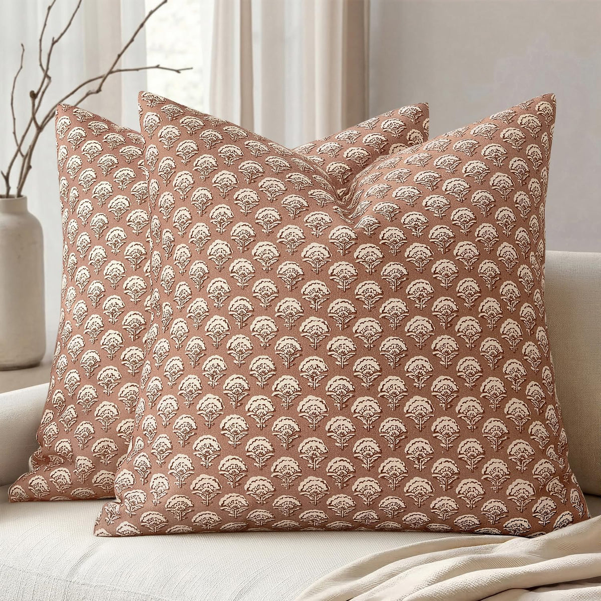 MIULEE Floral Print Decorative Pillow Covers 20x20, Almond
