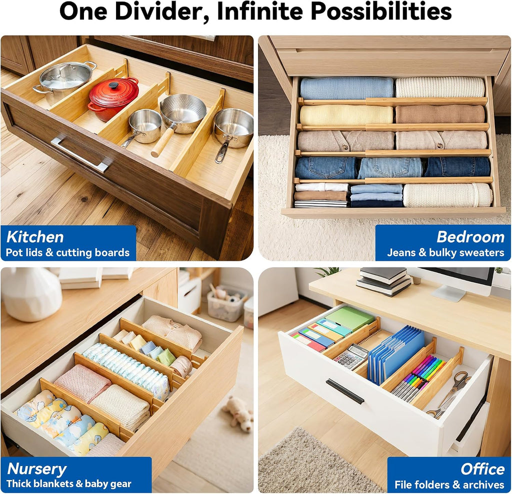 4 Pack 6" Deep Bamboo Drawer Dividers, 17-22" Expandable Kitchen Organizers