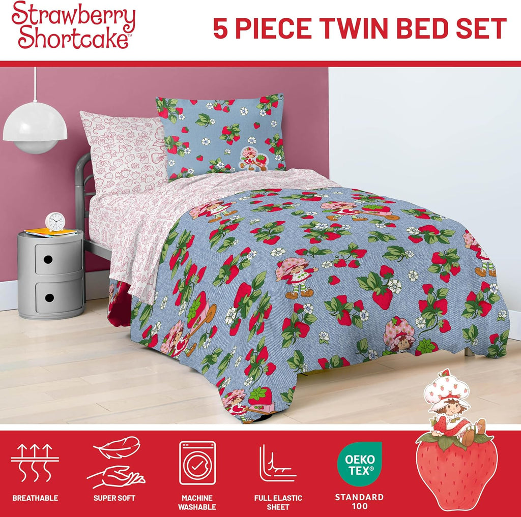 Strawberry Shortcake Twin Comforter Set 5 Piece Kids Bedding, Blue