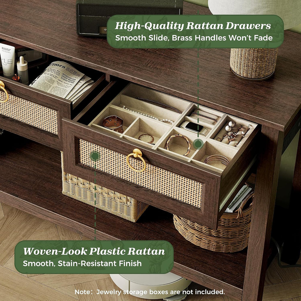 SUPERJARE Rattan Console Sofa Table with Outlets, USB-C Port and 3 Drawers
