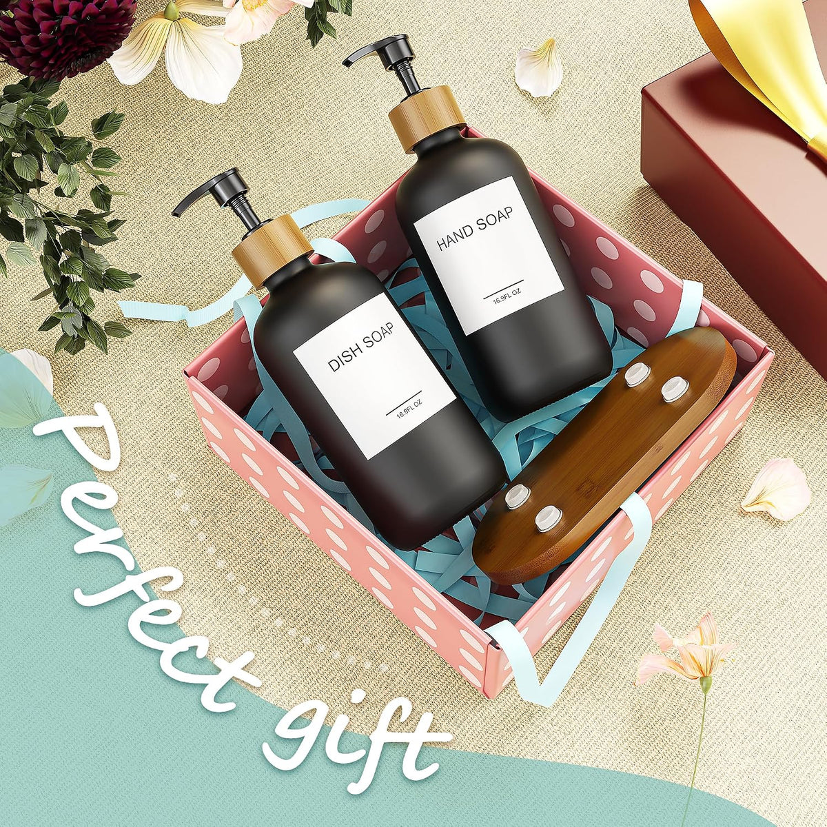 MASADI Black Soap Dispenser Set with Tray, Dish and Hand soap Lotion Dispenser Set with Wooden Pump for Kitchen and Bathroom Decor for Counter, Modern Vintage Liquid Soap Dispensers