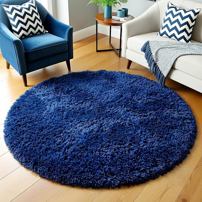 Amdrebio Navy Blue Small Round Rug 3Ft by Amdrebio
