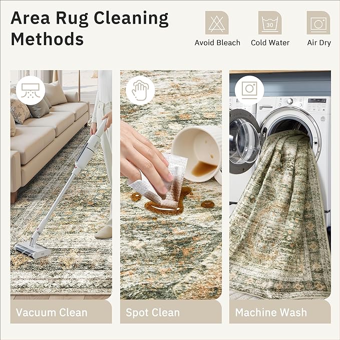 5x7 Area Rugs Green Orange Low Pile Indoor Washable Trendy Faded Style Rugs - Image 8
