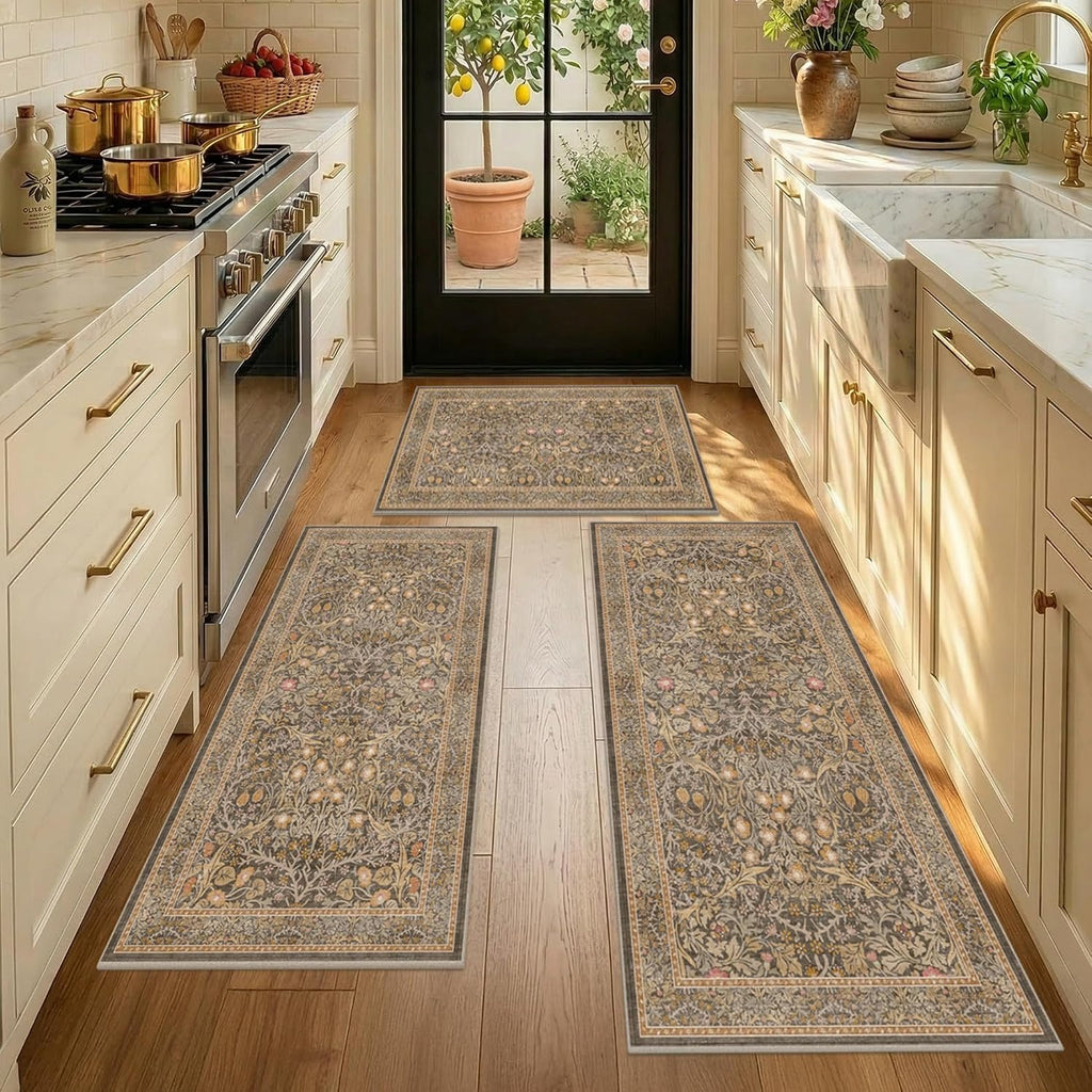 JTJ Brown Kitchen Rug Set of 3, Washable Non Slip Mats with Runner