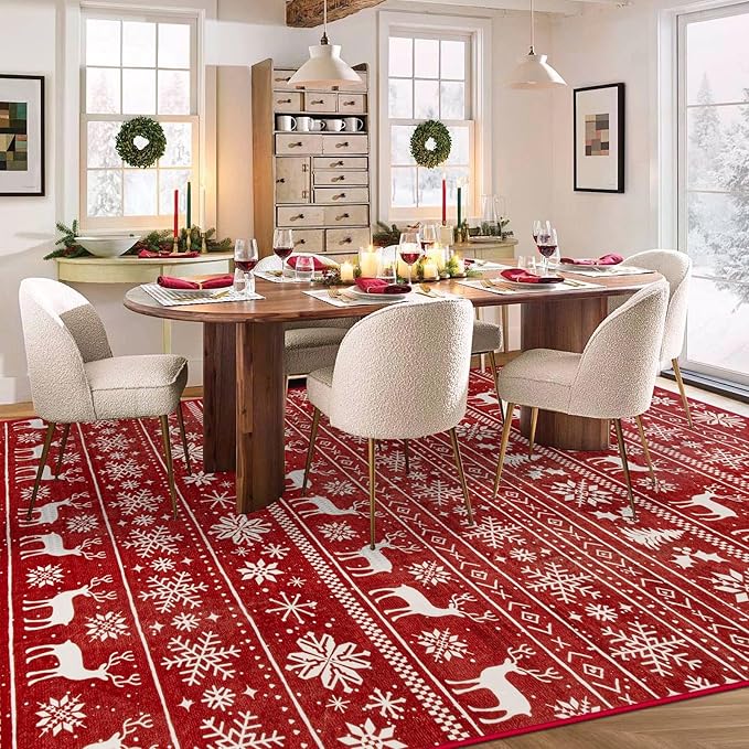 Christmas Rug 8x10 Washable Rugs, Boho Christmas Tree Snowflake Rug Non-Slip - Image 3
