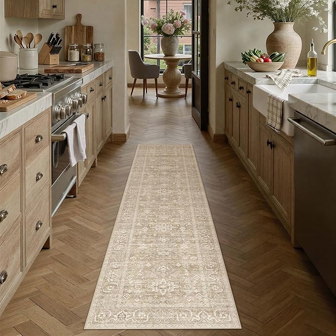 2x8 Washable Runner Rug for Hallway Kitchen Vintage Beige Non Slip Low Pile - Image 3