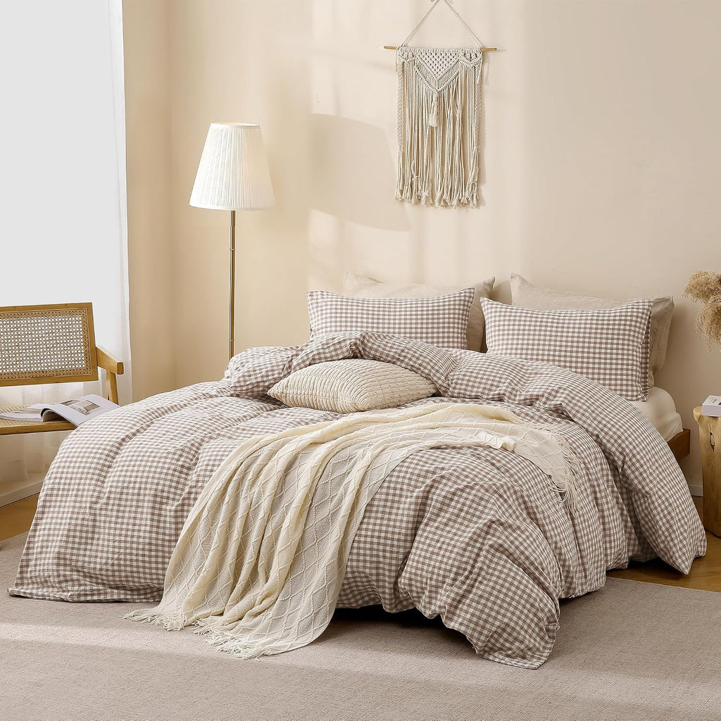 TOCOMOA Tan Gingham Duvet Cover Bedding Set Washed Cotton Like Linen, Queen