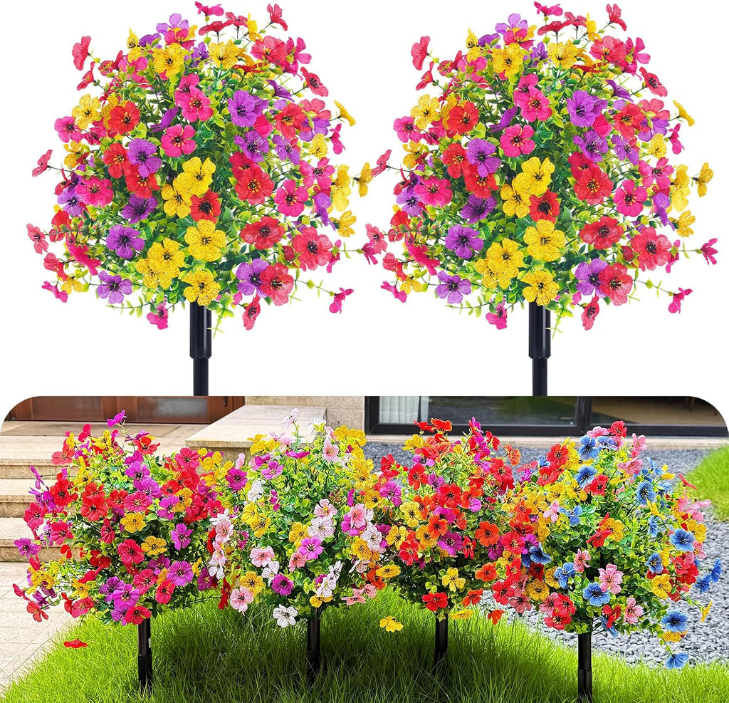 22 Inch Artificial Flowers and Shrubs with Stakes for Outdoors, 4 Colors Mix, 165 Blooms Per Stem, Vibrant Color & No Fade, Heavy‑Duty Stakes for Yard Lawn Patio All‑Season Decor (2Pcs)