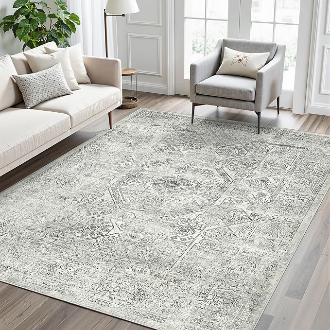 5x7 Area Rugs Grey Low Pile Indoor Washable Trendy Faded Style Floral Rugs - Image 9