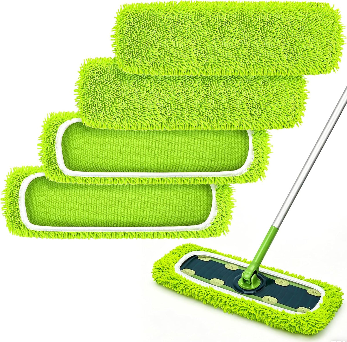 Reusable Microfiber Mop Pads 4 Pack Compatible with SwifferSweeper XL Mop for Wet & Dry Floor Cleaning (Green)