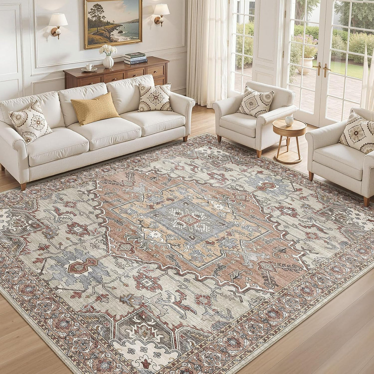 8x10 Area Rugs for Living Room: Washable Soft Brick Red Neutral Rug