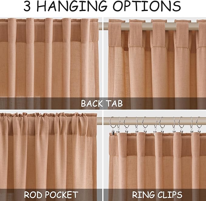 Nanspring Peach Quartz Linen Curtains 108 Inch Length 2 Panel Set Back Tab Loop - Image 2